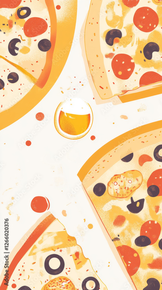 A flat lay of a small pepperoni pizza with a bottle of craft beer, hops, and barley scattered around. Beer, pub food. Beer day. illustration for beer restaurant. format social media stories A flat lay of a small pepperoni pizza with a bottle of craft beer, hops, and barley scattered around. Beer, pub food. Beer day. illustration for beer restaurant. format social media stories
