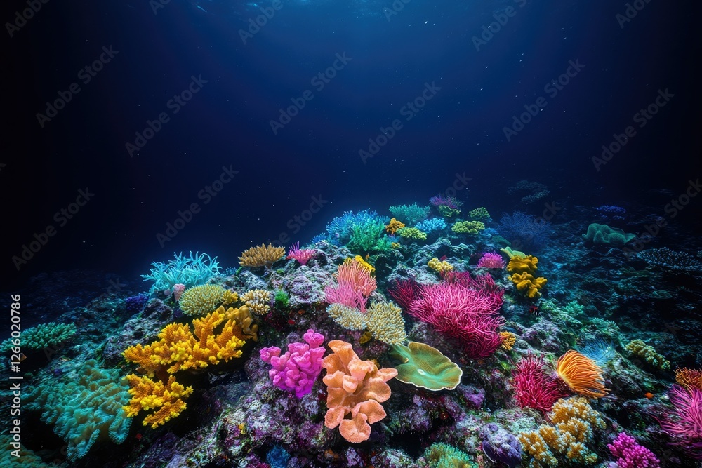 Fototapeta premium Vibrant coral reef teeming with diverse colorful corals and marine life thriving in a deep blue ocean.