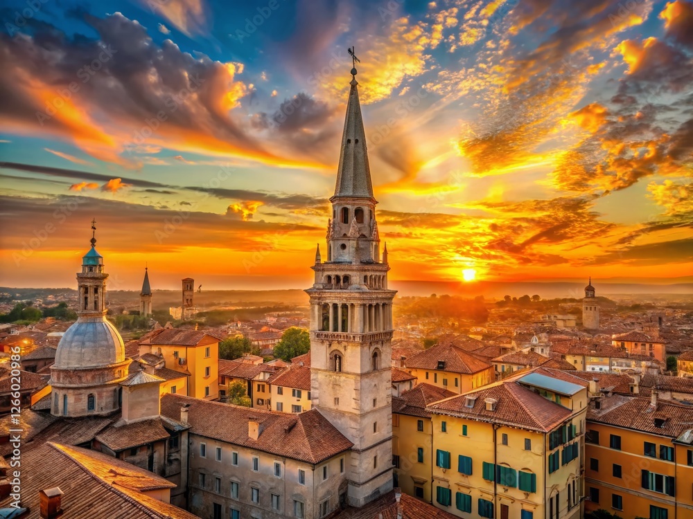 Naklejka premium Panoramic Sunrise: Modena Cathedral & Ghirlandina Tower, Italy