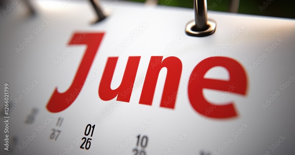 Calendar page showing the month of June with bold lettering Calendar page showing the month of June with bold lettering