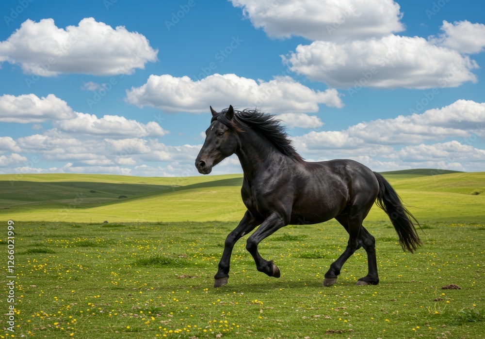 A black horse galloping across a green field with a blue sky and white clouds, its mane and tail flowing in the wind, displaying powerful motion.
A black horse galloping across a green field with a blue sky and white clouds, its mane and tail flowing in the wind, displaying powerful motion.