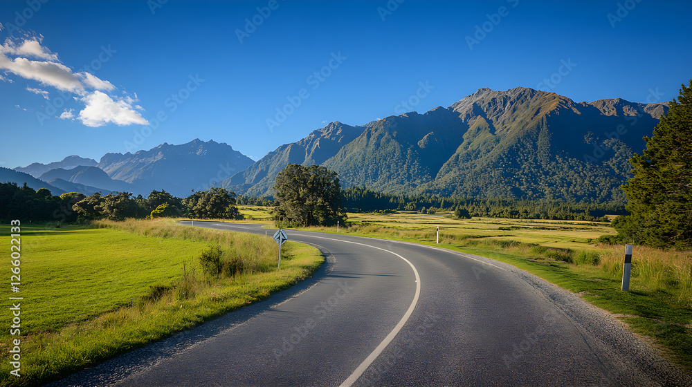 Naklejka premium Serene Winding Road Through Lush Landscapes Leading to Majestic Mountain Range Under Clear Blue Sky