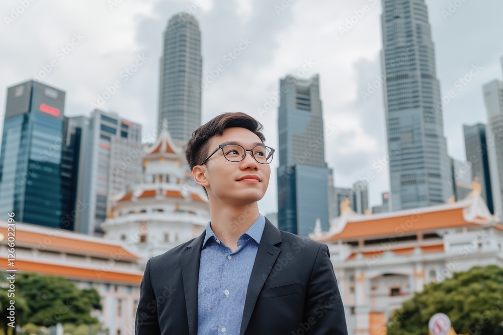 A young man in a suit standing confidently against a city skyline. A young man in a suit standing confidently against a city skyline.