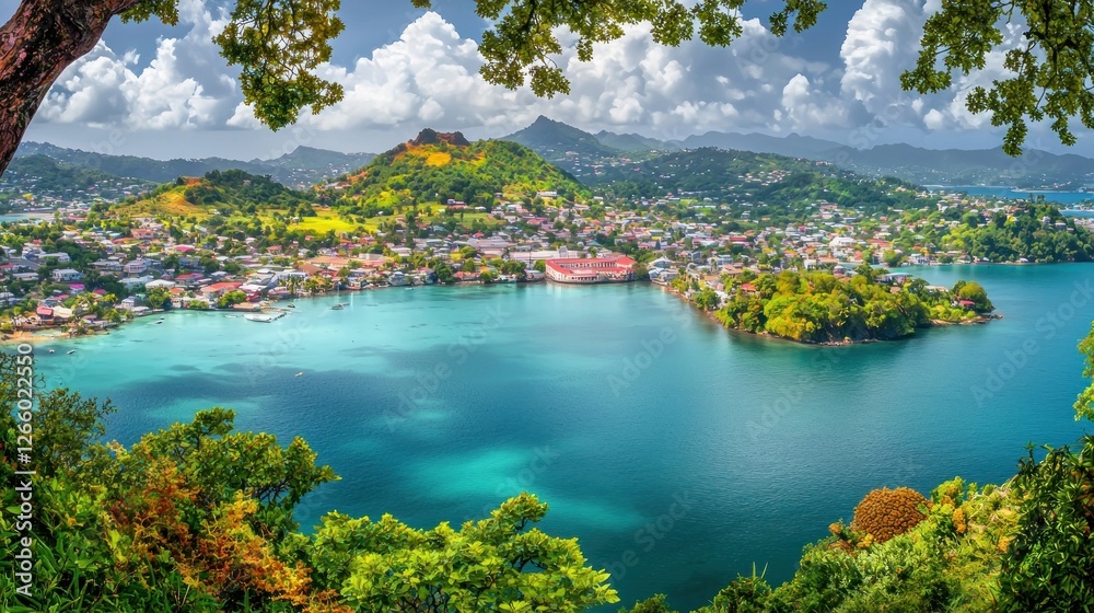 Naklejka premium Caribbean Harbor Panoramic View from Hilltop