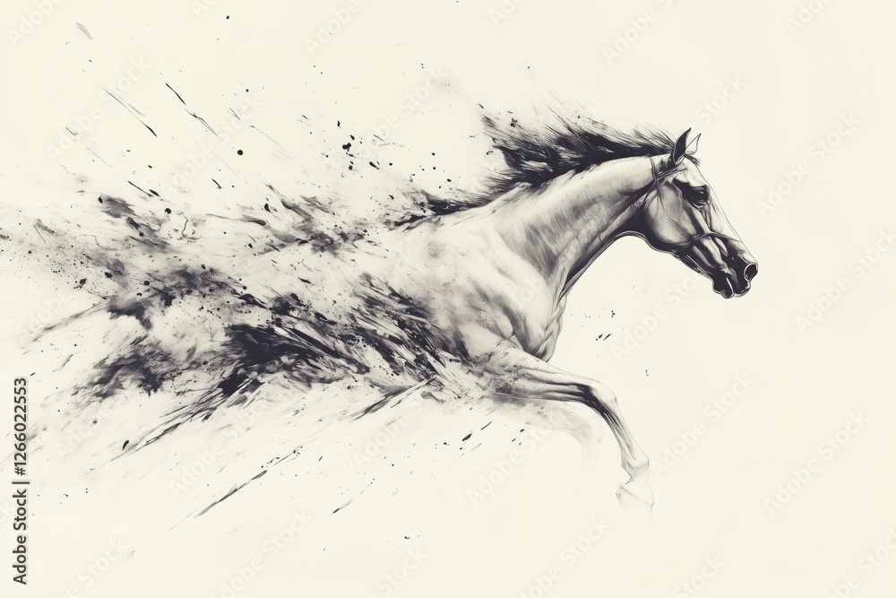 Fototapeta premium A dynamic illustration of a horse galloping, with splashes of ink creating a sense of speed.