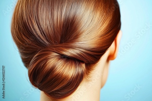A close-up of a woman's hair styled in a neat brown bun against a light blue background.