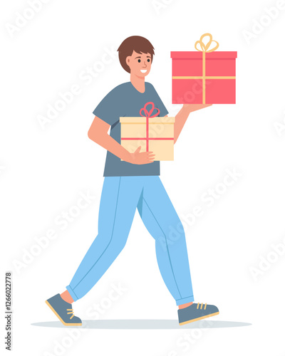 Smiling young man carrying two gifts. Happy male character and gift boxes with presents. Birthday party, holiday, sale and congratulation concept. Vector characters vector illustration.