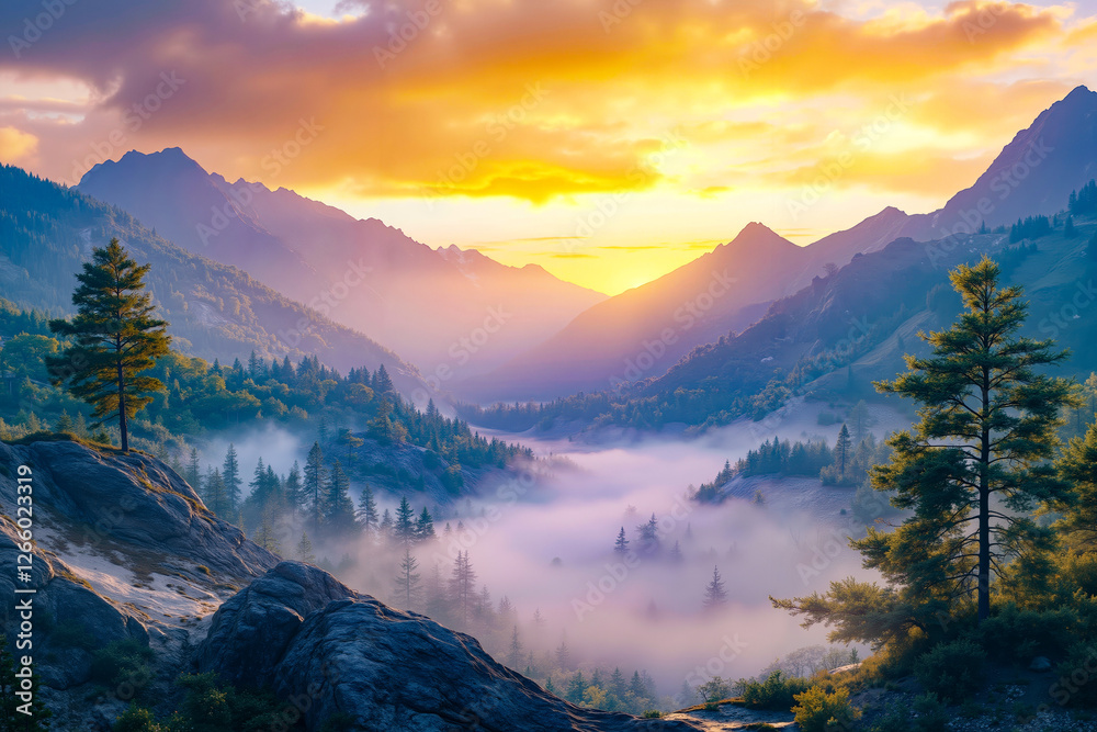 Obraz premium A view of a mountain range with trees in the foreground and a sunset in the background