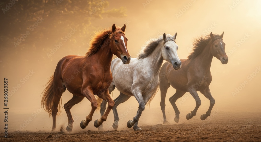 Photo of three horses galloping together, with the chestnut horse in the foreground, white horse in the middle, and dark gray horse in the background Photo of three horses galloping together, with the chestnut horse in the foreground, white horse in the middle, and dark gray horse in the background