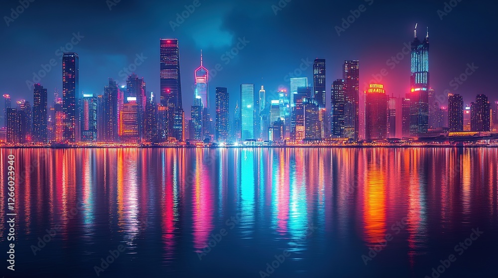 Fototapeta premium Vibrant night skyline urban city photography reflective water aesthetic view modern architecture