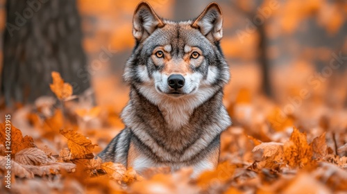 Wolf rests in autumn leaves, head-on portrait for wild nature awareness campaign photo