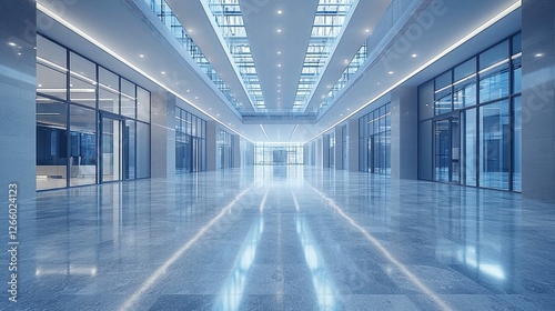 Office corridor with glass doors reflecting the lights, promoting corporate vibe