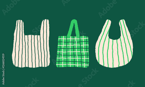 Grocery tote bag. Reusable supermarket bags. Sustainable shopping. Simple naive illustration