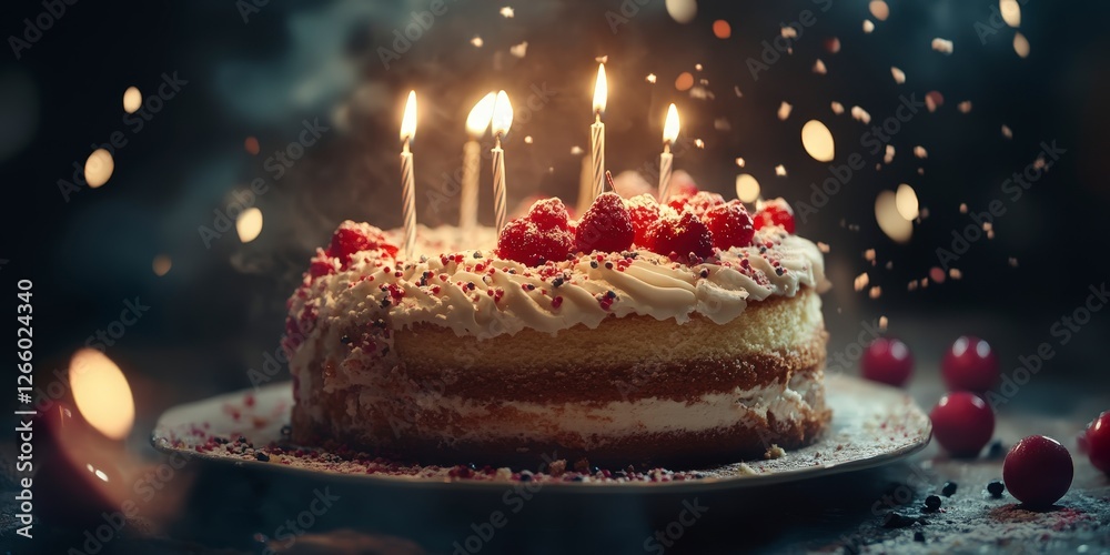 Delightful Raspberry Cake with Candles and Bokeh Effects at Night Delightful Raspberry Cake with Candles and Bokeh Effects at Night