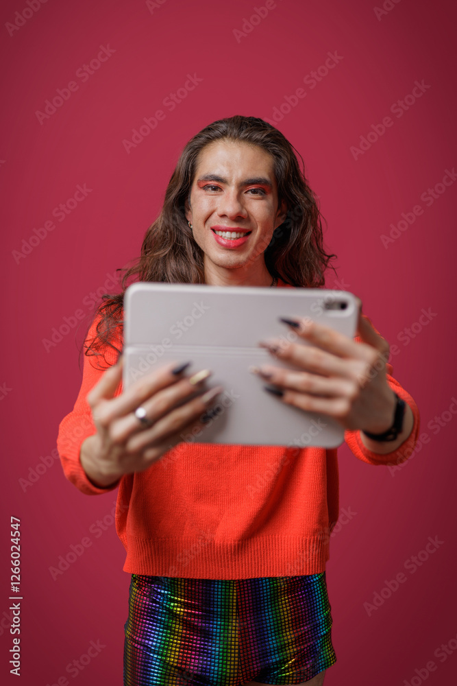 Non-binary person using a tablet on a red background and wearing pride clothing Non-binary person using a tablet on a red background and wearing pride clothing
