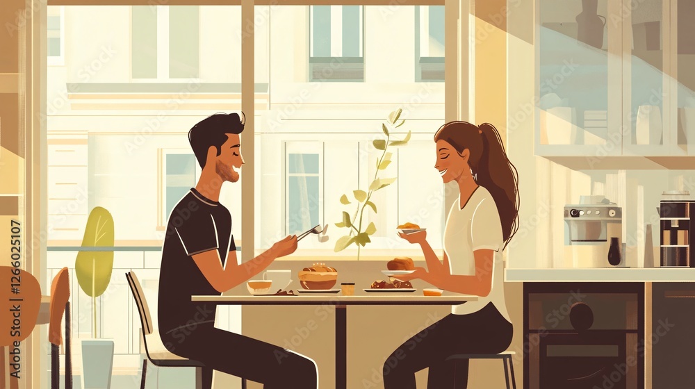 Happy Couple Having Morning Breakfast Together in Early Morning Happy Couple Having Morning Breakfast Together in Early Morning