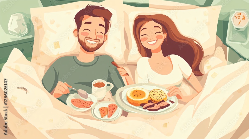 Joyful Breakfast Moment for Couple in Bed Joyful Breakfast Moment for Couple in Bed