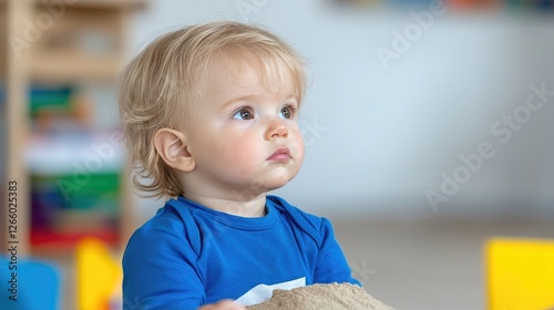 Baby playing with sand indoors photo