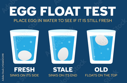Egg float test showing fresh, stale and old eggs in glasses of water. Vector illustration infographic.