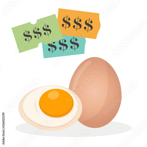 Egg price going up. Whole and halved eggs with dollar symbols representing increasing food prices and expenses.