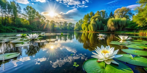 Panoramic View of Pristine White Water Lilies Blooming in a Calm Pond at Dawn