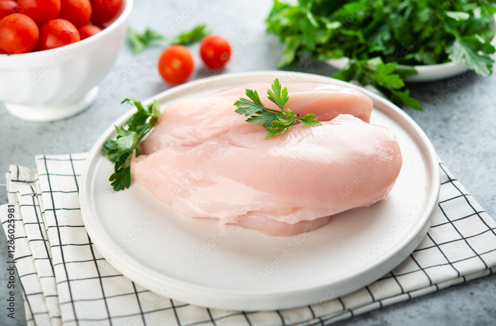 Raw chicken breast for cooking is on a plate with herbs and vegetables Raw chicken breast for cooking is on a plate with herbs and vegetables