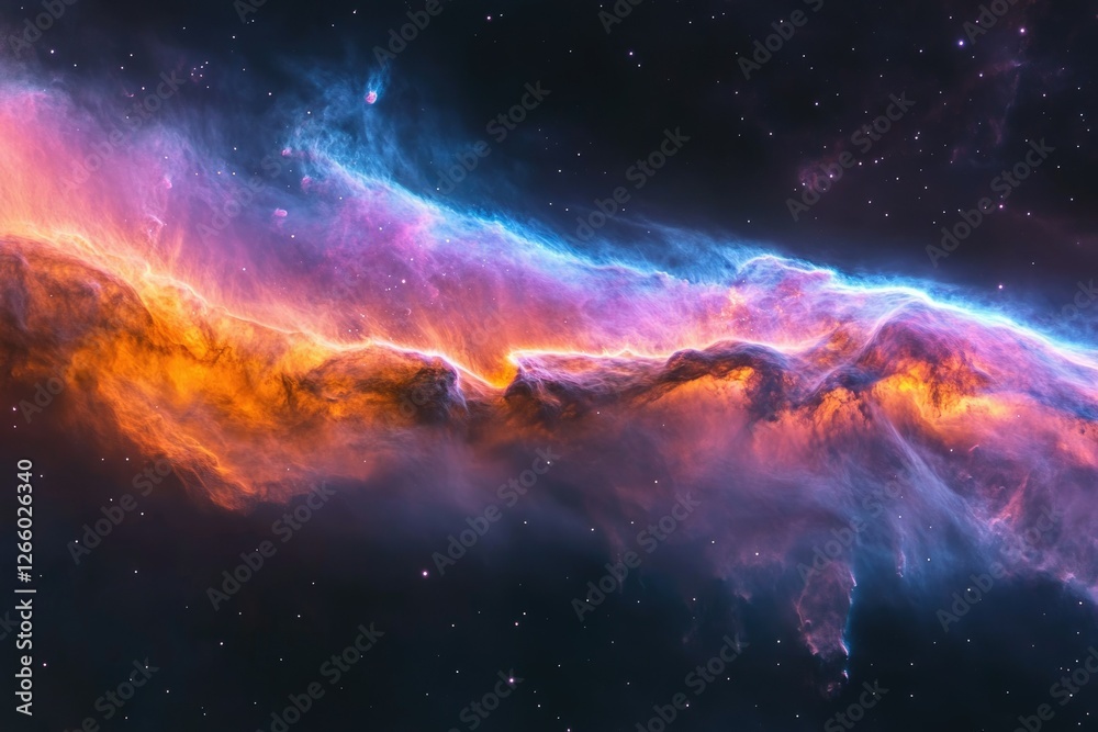 Fototapeta premium A vibrant nebula in space, showcasing swirling colors of orange, purple, and blue against a backdrop of stars.