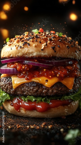 Juicy Gourmet Cheeseburger with Spicy Sauce and Fresh Toppings Photo photo