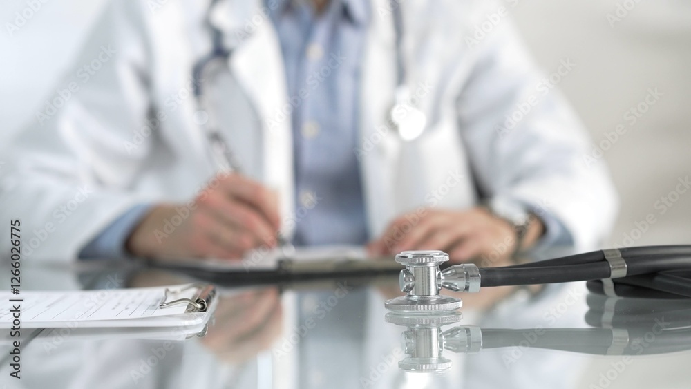 Stethoscope and medication history records form are on a glass table before a male doctor working with laptop in clinical office background. Medicine concept Stethoscope and medication history records form are on a glass table before a male doctor working with laptop in clinical office background. Medicine concept