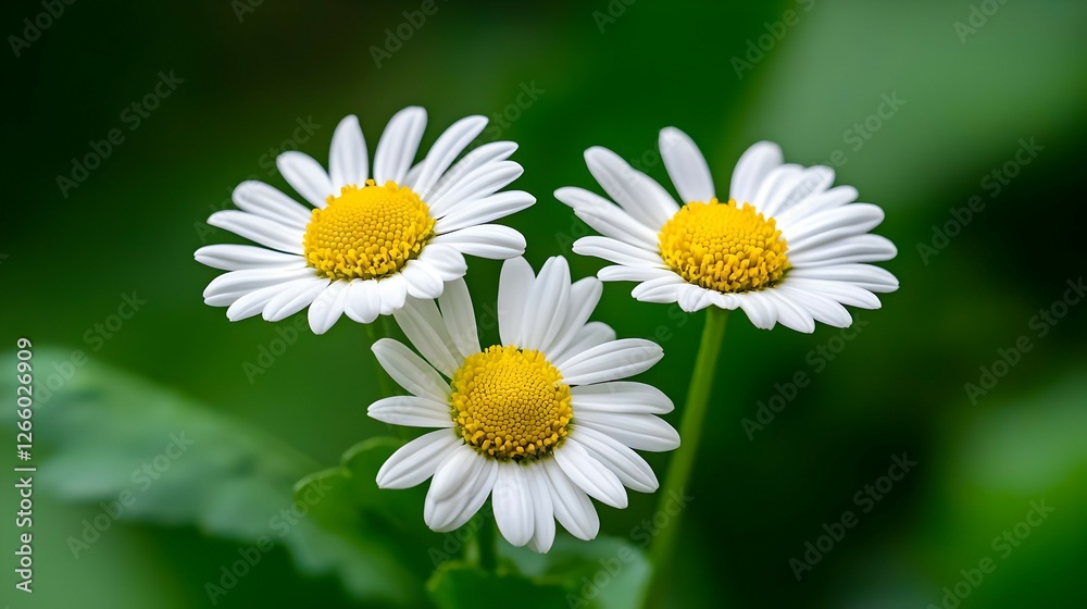 Three White Daisies with Yellow Centers Against a Green Background Three White Daisies with Yellow Centers Against a Green Background