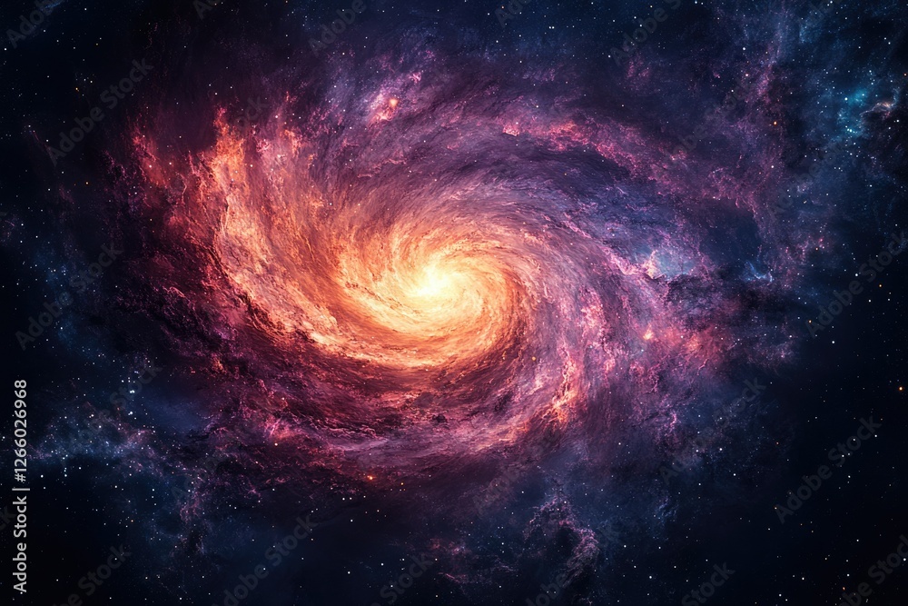 Obraz premium A mesmerizing spiral galaxy, vibrant with fiery orange and purple hues, swirling amidst a star-studded expanse.