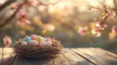 Colorful Easter eggs nestled in a natural nest during springtime at sunset photo