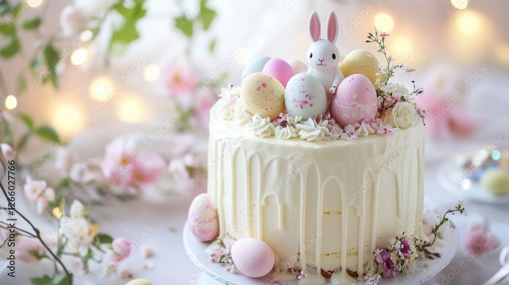 Beautiful Easter cake adorned with pastel eggs and a cute bunny decoration Beautiful Easter cake adorned with pastel eggs and a cute bunny decoration