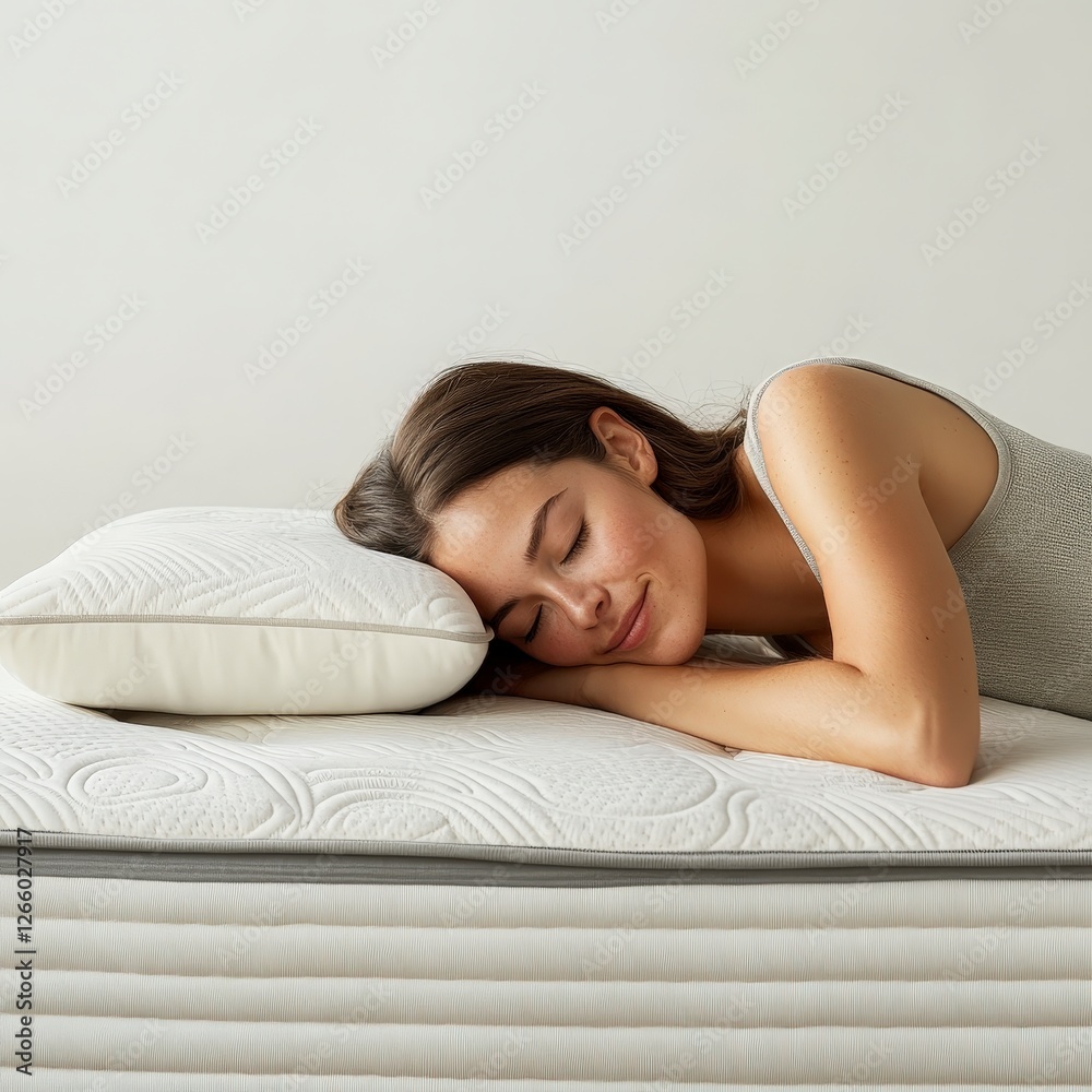 Obraz premium Woman Relaxing Comfortably on Soft Mattress with Pillow Support