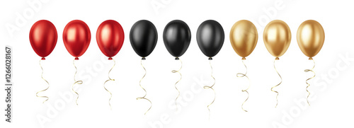Set of Realistic 3D Red Gold Black Party Event Balloons Isolated on White Background