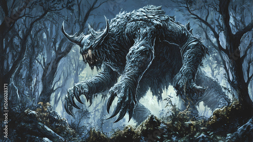 The awakening of the forest behemoth: a nightmarish encounter in a haunted wilderness. Colossus Awakening. Illustration