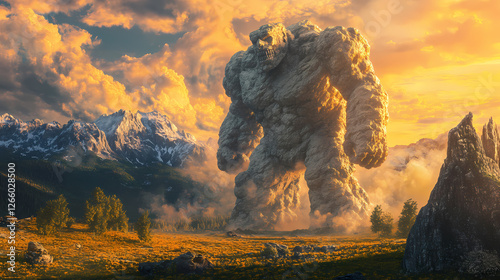 The colossus awakening: a mountain range comes to life as an ancient stone titan rises, dwarfing the landscape. Colossus Awakening. Illustration photo