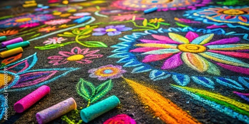 Pastel Chalk Art on Dark Asphalt - Vibrant Urban Street Art Stock Photo