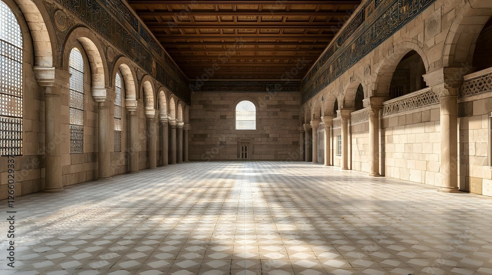 Obraz premium Sunlit Stone Hall Interior with High Ceilings and Ornate Arches