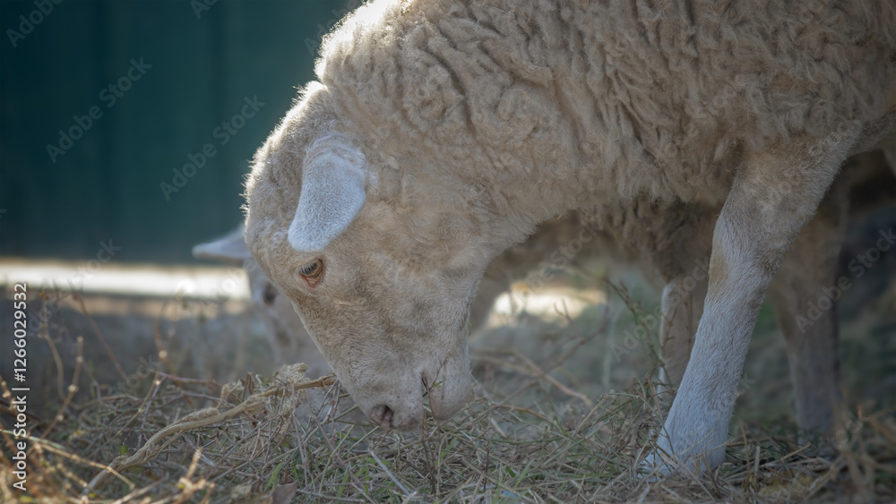Sheep grazing at sunset. View of the part of the sheep that eats grass Sheep grazing at sunset. View of the part of the sheep that eats grass