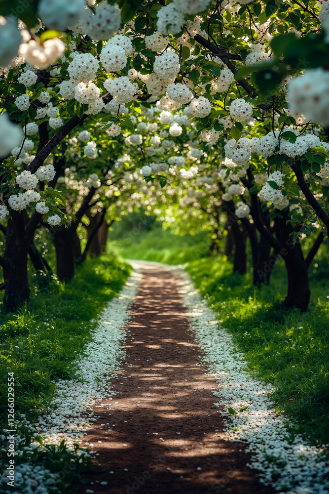 A path lined with white flowers in an orchard A path lined with white flowers in an orchard