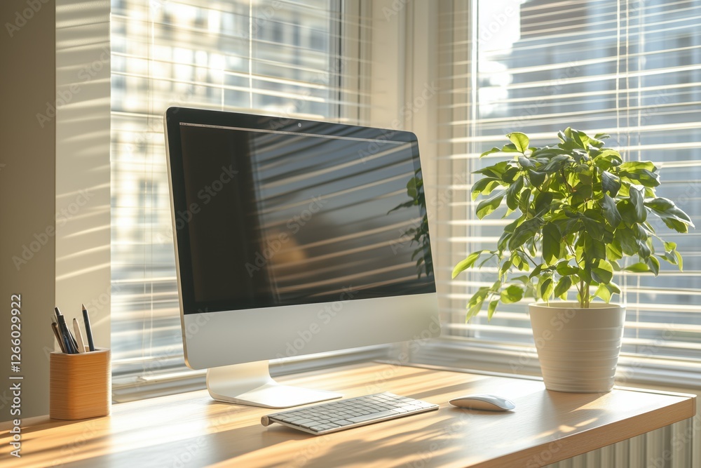 Modern Workspace with Desktop Computer and Green Plant Modern Workspace with Desktop Computer and Green Plant