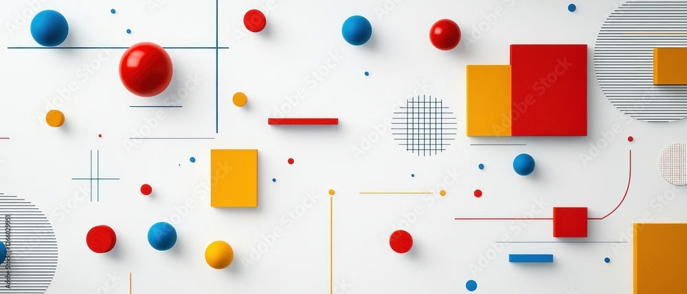 Abstract Geometric Composition with Red Yellow and Blue Shapes on White Background Abstract Geometric Composition with Red Yellow and Blue Shapes on White Background