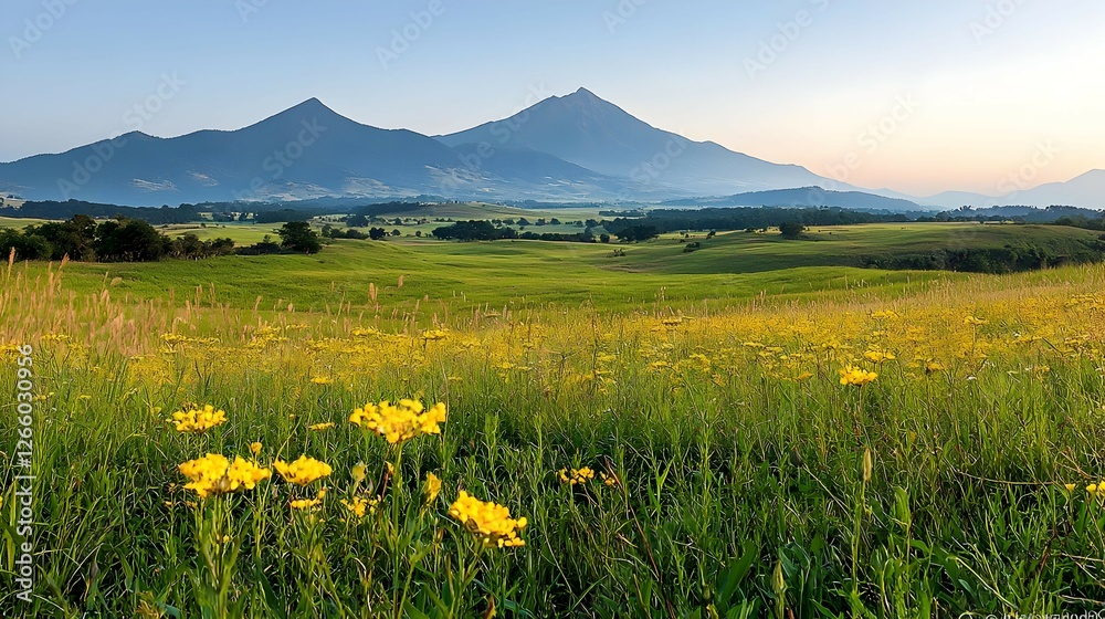 Fototapeta premium Sunrise Over Mountain Range With Yellow Wildflowers In Meadow