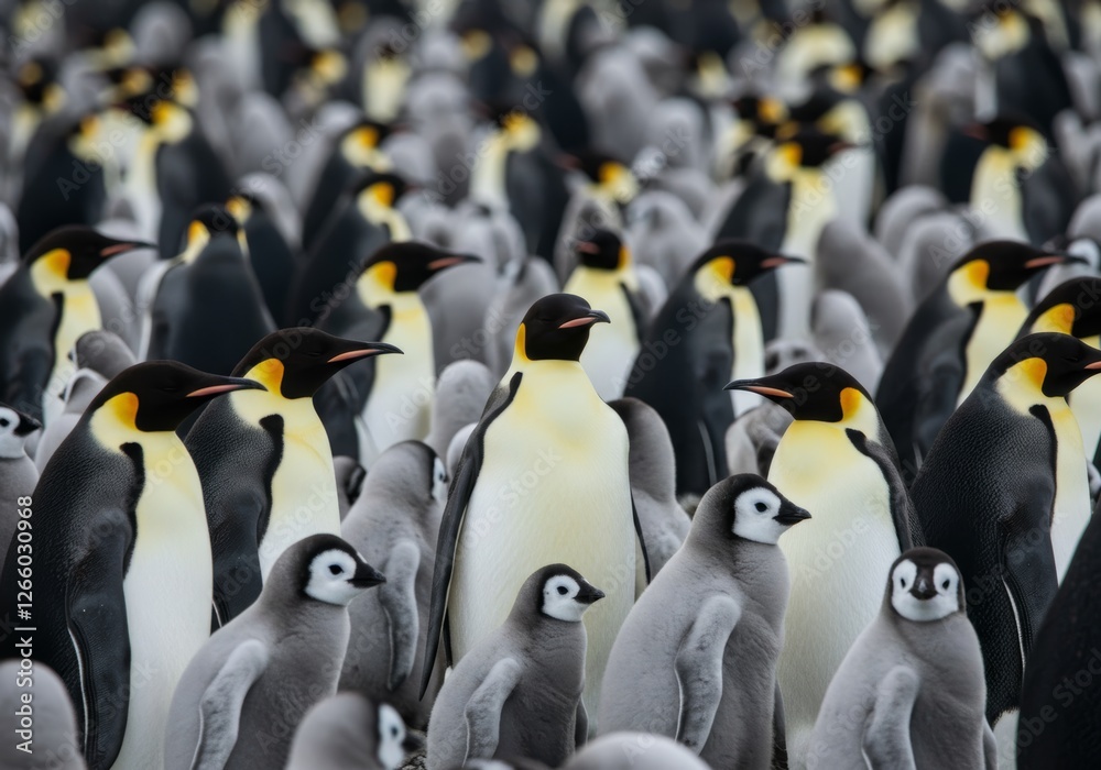 Obraz premium A photograph of a large group of Emperor Penguins, with one in the center standing out due to its bright orange beak and blue-gray body, arranged closely together in a dense formation.