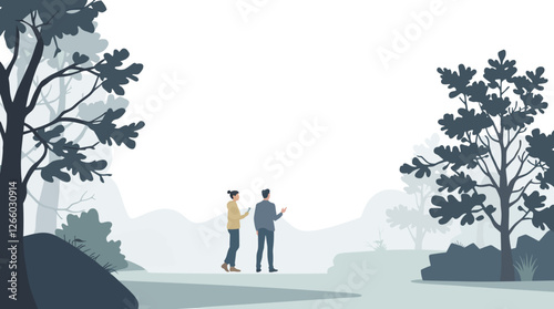 Two people having a conversation in park with trees and soft colors and copy space
