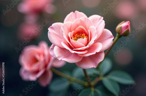 Bush large pink roses, blooming flower outside garden, close-up. AI Generative