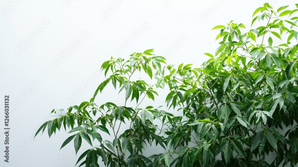 Fototapeta premium A flourishing neem tree with dense green foliage, presented on a white background. No people, no text.