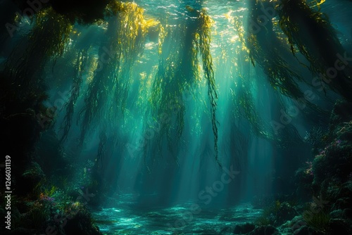 Sunbeams illuminate an underwater kelp forest, creating a serene and mystical atmosphere.