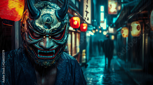 Enigmatic figure in ornate japanese oni mask haunting smile cinematic urban alleyway neon lights rainslicked streets cyberpunk aesthetic. Haunted Neon Streets. Illustration photo